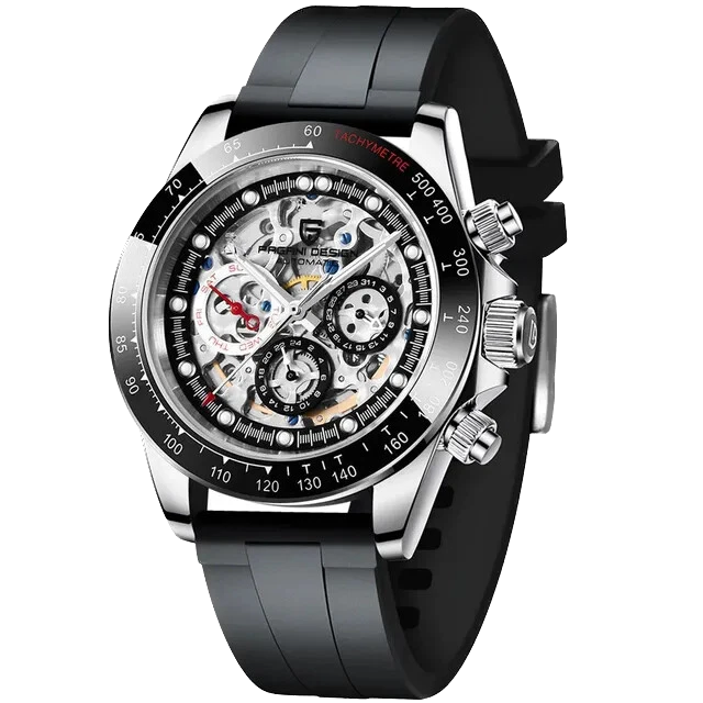 Front view of Pagani Design PD-1653 automatic mechanical chronograph watch with skeleton dial, black tachymeter bezel, and black rubber strap on a transparent background.
