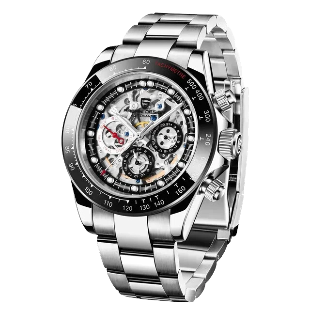 Front view of Pagani Design PD-1653 automatic mechanical chronograph watch with skeleton dial, black tachymeter bezel, and polished stainless steel bracelet on a transparent background.