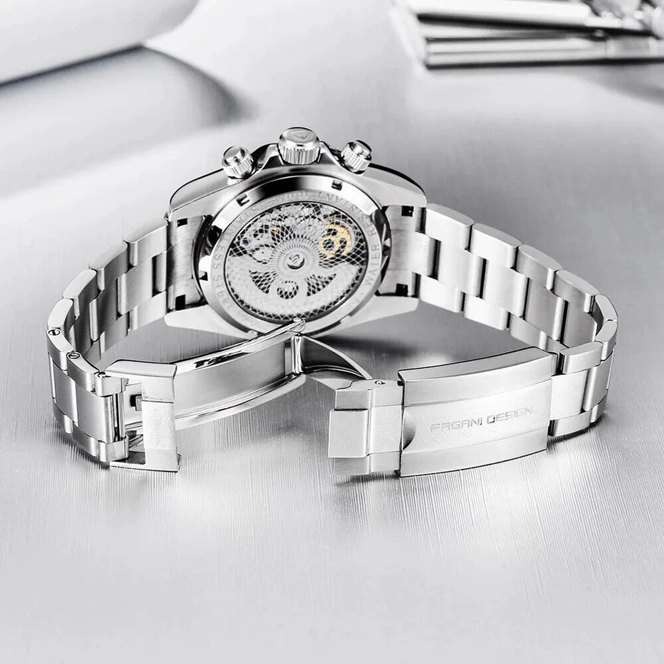Rear view of Pagani Design PD-1653 automatic mechanical chronograph watch showing the exhibition caseback with visible movement and open stainless steel bracelet clasp, displayed on a light background.