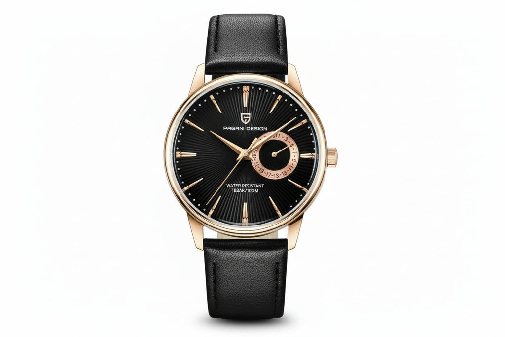 PAGANI DESIGN PD-1654 40mm watch with black dial rose gold case and black leather strap front view