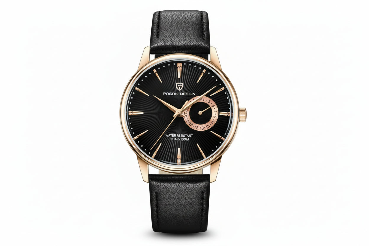 PAGANI DESIGN PD-1654 40mm watch with black dial rose gold case and black leather strap front view