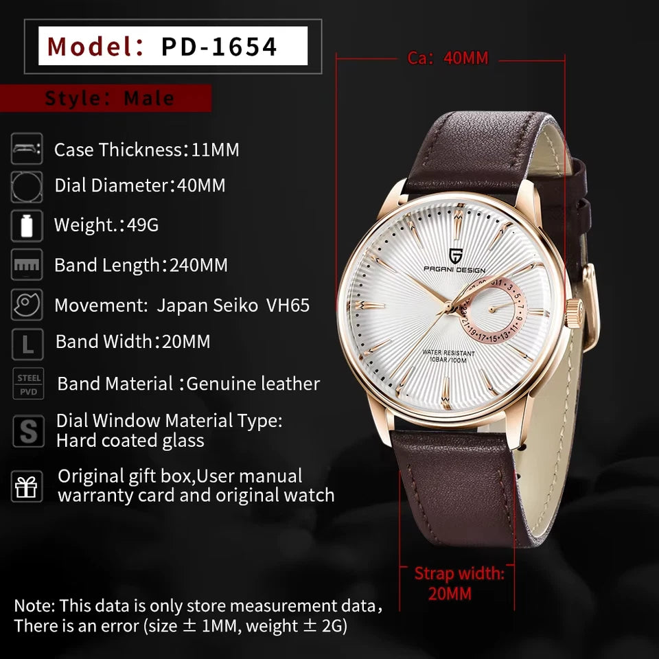 PAGANI DESIGN PD-1654 40mm watch specifications graphic with case dimensions and Seiko movement