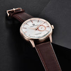 PAGANI DESIGN PD-1654 40mm watch with white dial rose gold case and brown leather strap detail