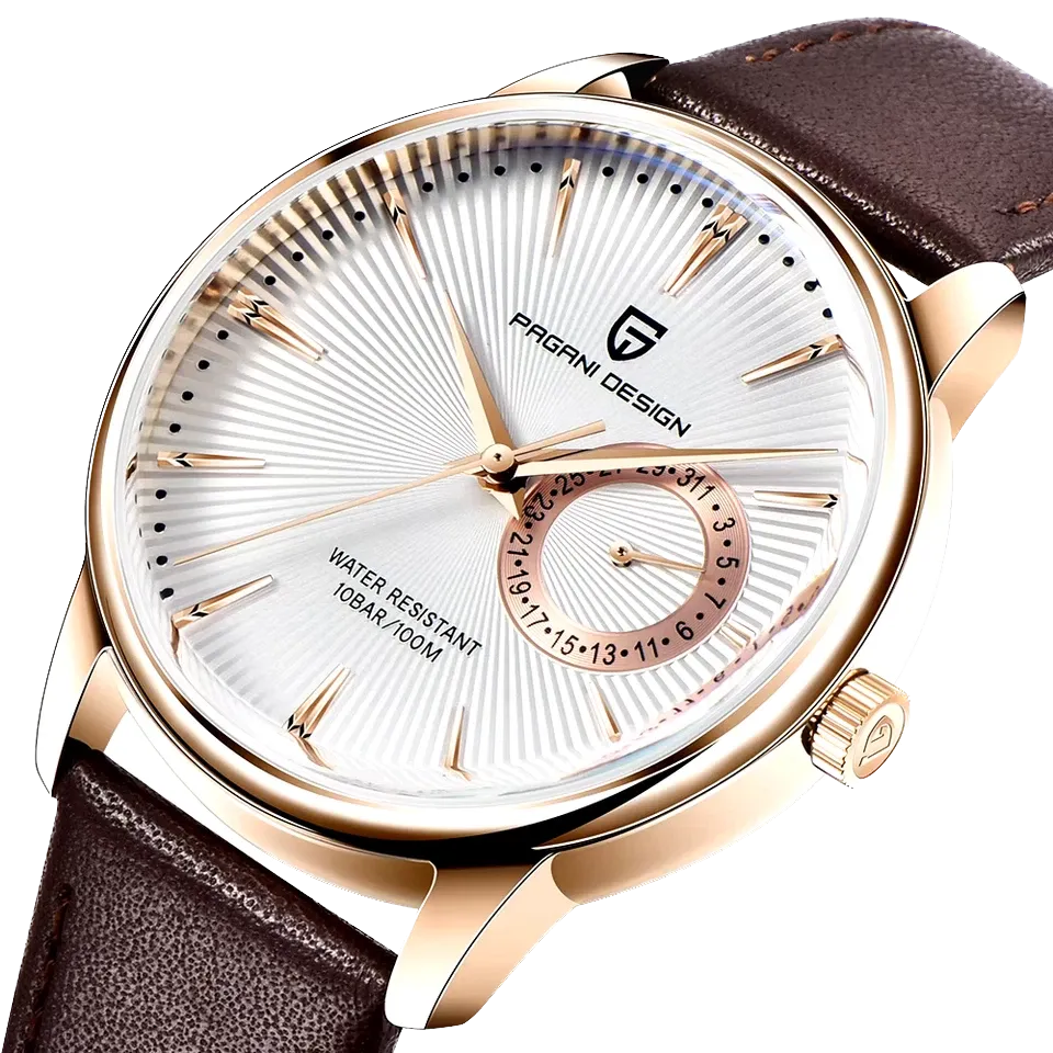 PAGANI DESIGN PD-1654 40mm watch with white dial rose gold case brown leather strap thumbnail view