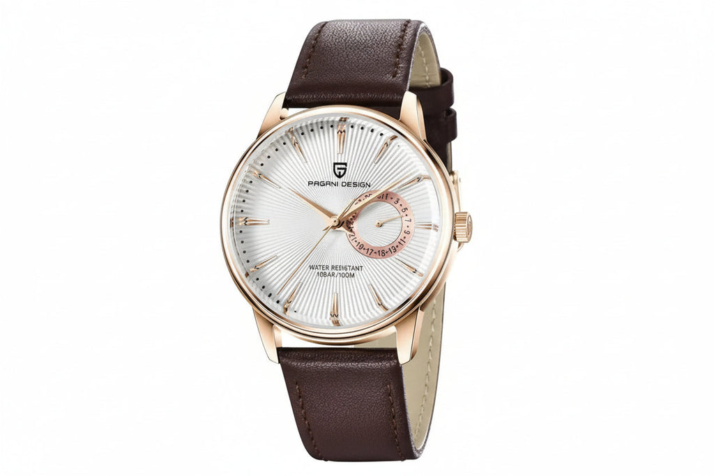 PAGANI DESIGN PD-1654 40mm watch with white dial rose gold case and brown leather strap front view