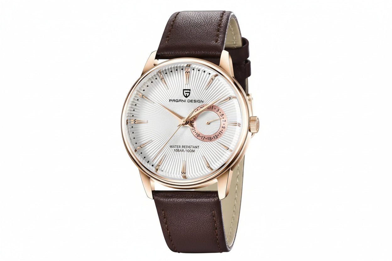 PAGANI DESIGN PD-1654 40mm watch with white dial rose gold case and brown leather strap front view