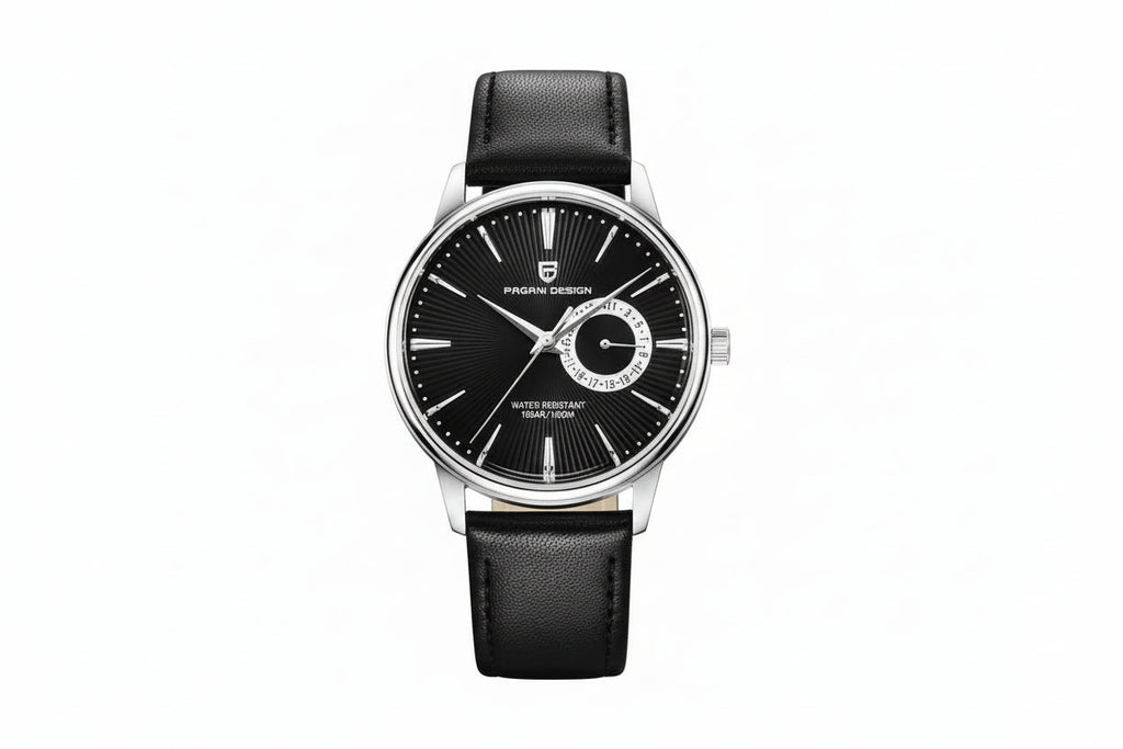 PAGANI DESIGN PD-1654 40mm watch with black dial silver case and black leather strap front view