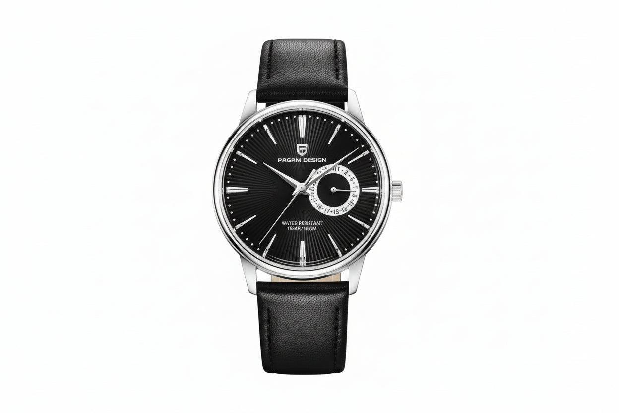 PAGANI DESIGN PD-1654 40mm watch with black dial silver case and black leather strap front view