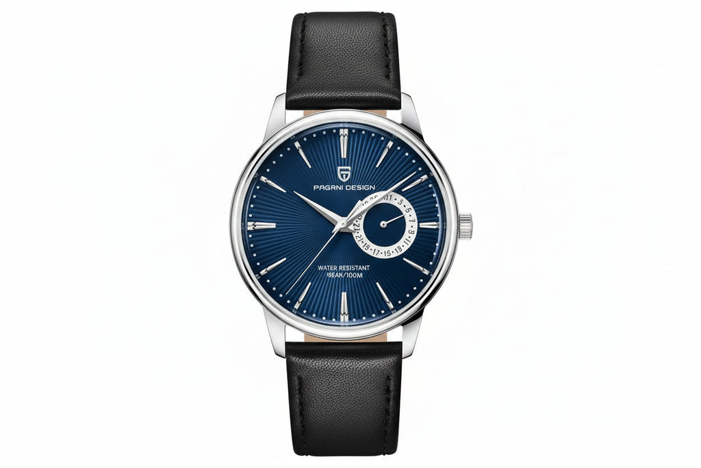 PAGANI DESIGN PD-1654 40mm watch with blue dial silver case and black leather strap front view