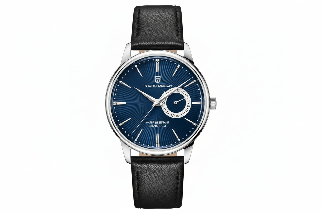 PAGANI DESIGN PD-1654 40mm watch with blue dial silver case and black leather strap front view
