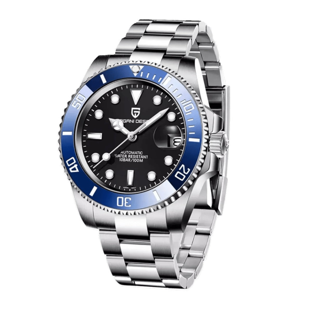 Pagani Design PD-1661 black dial with blue rotating bezel, stainless steel bracelet