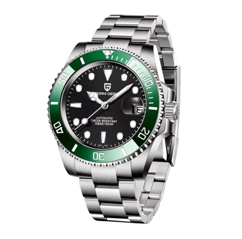Pagani Design PD-1661 black dial with green rotating bezel, stainless steel bracelet