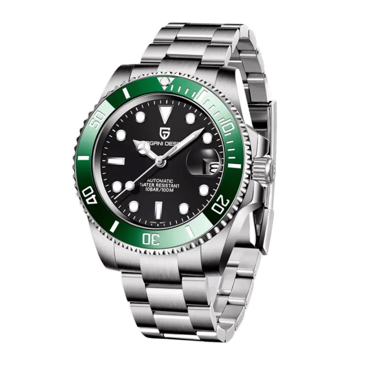 Pagani Design PD-1661 black dial with green rotating bezel, stainless steel bracelet