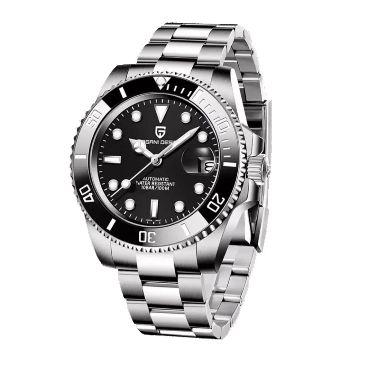 Pagani Design PD-1661 black dial with black dive bezel on steel bracelet, luminous markers