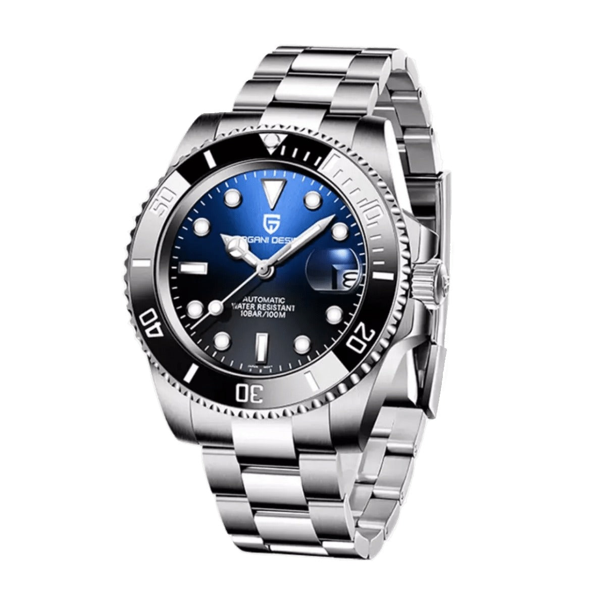 Pagani Design PD-1661 blue gradient dial with black dive bezel, stainless steel bracelet