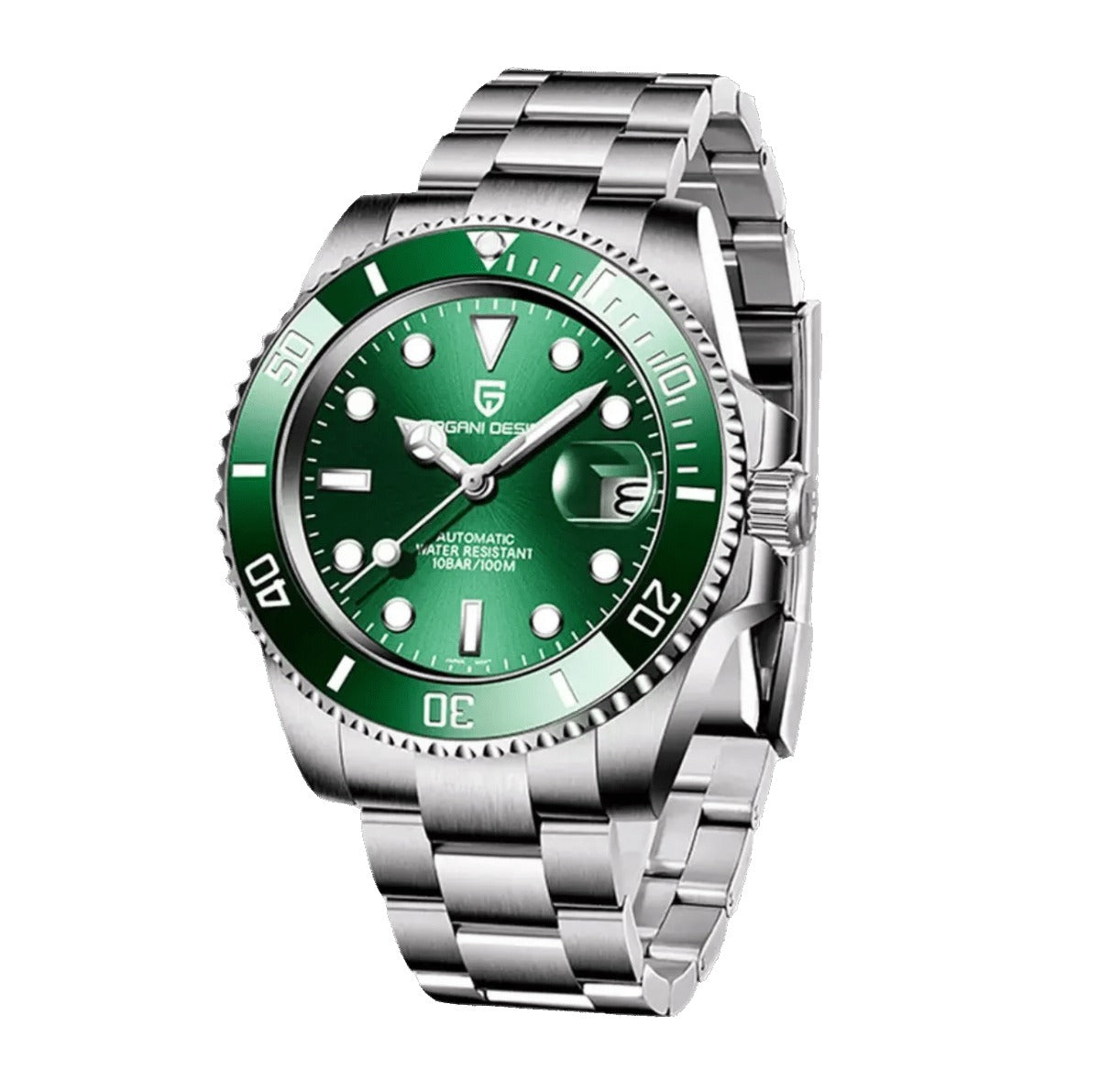 Pagani Design PD-1661 green dial and green rotating bezel, stainless steel bracelet, angled view