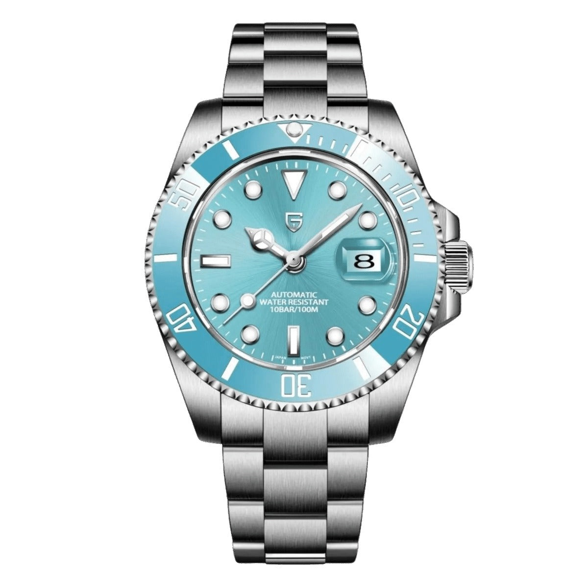 Pagani Design PD-1661 sky blue dial automatic dive watch on steel bracelet, date window at 3