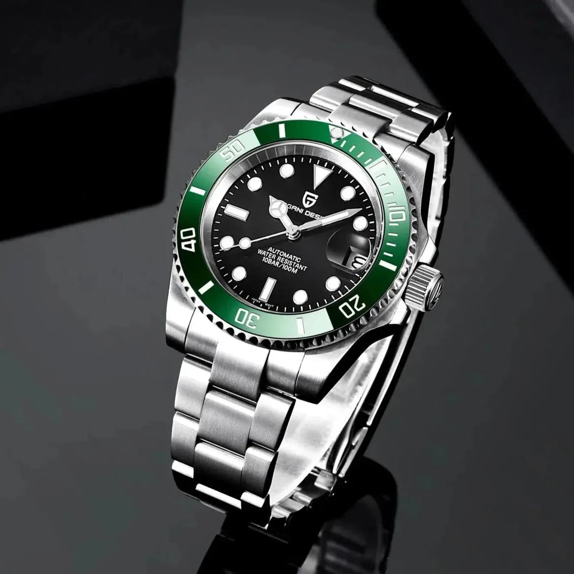 Pagani Design PD-1661 black dial with green bezel, angled studio shot showing brushed steel links
