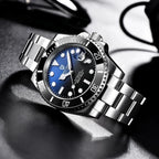 Pagani Design PD-1661 blue dial and black bezel viewed at an angle in low studio light