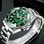 Pagani Design PD-1661 green dial dive watch angled to show the screw-down crown and case profile