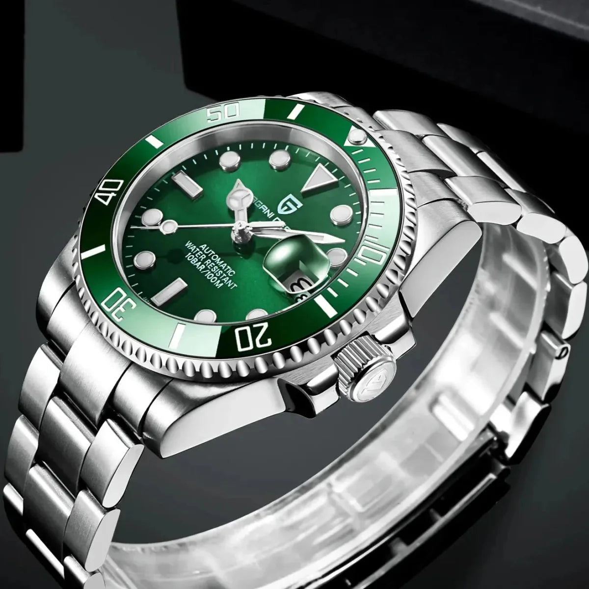 Pagani Design PD-1661 green dial dive watch angled to show the screw-down crown and case profile