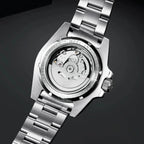 Pagani Design PD-1661 exhibition caseback showing the automatic movement and steel bracelet