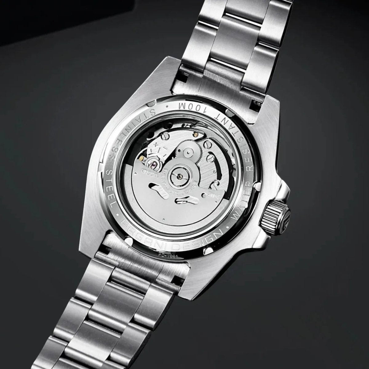 Pagani Design PD-1661 exhibition caseback showing the automatic movement and steel bracelet