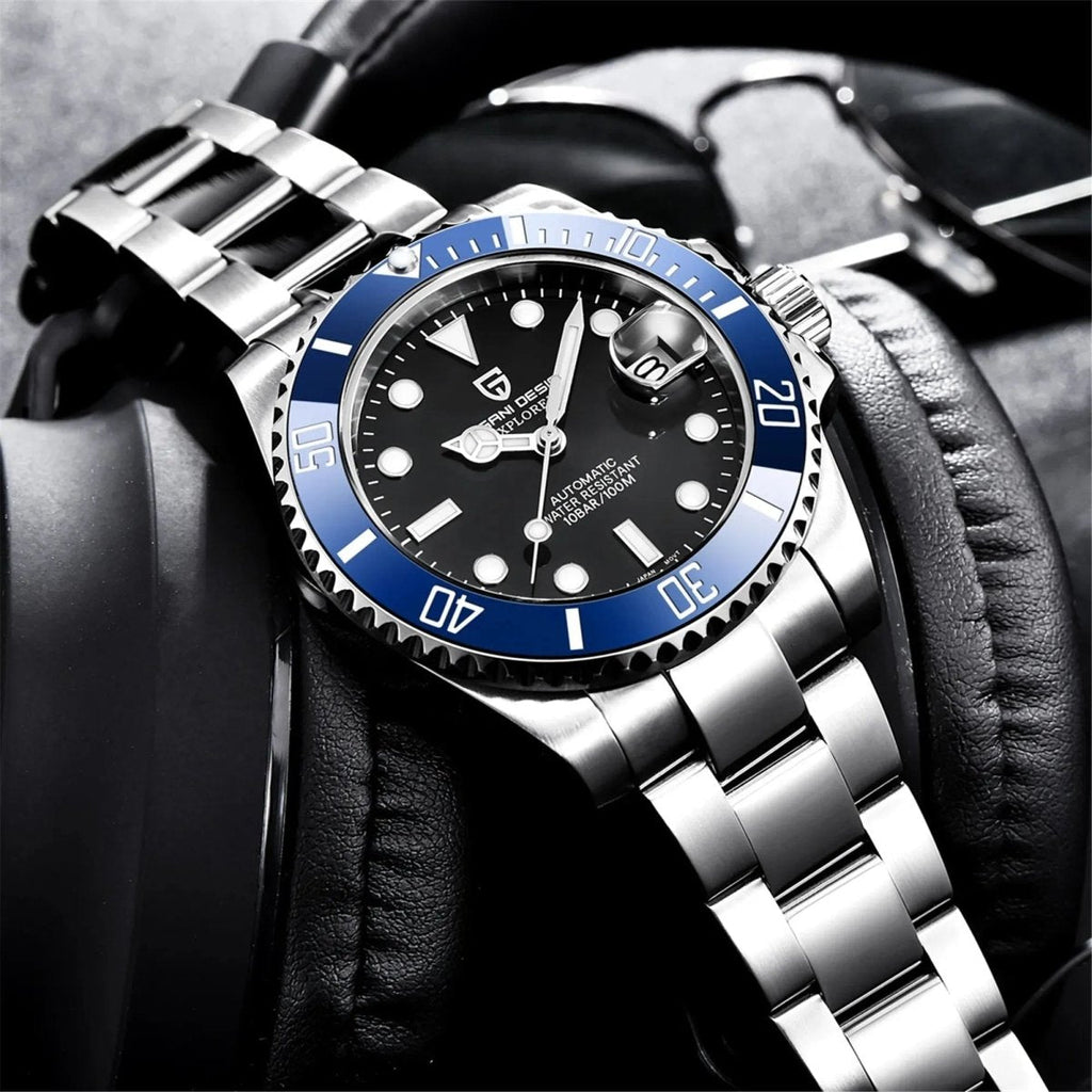 Pagani Design PD-1661 black dial blue bezel model displayed on leather headphones