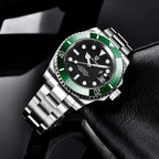 Pagani Design PD-1661 black dial green bezel dive watch resting on black leather