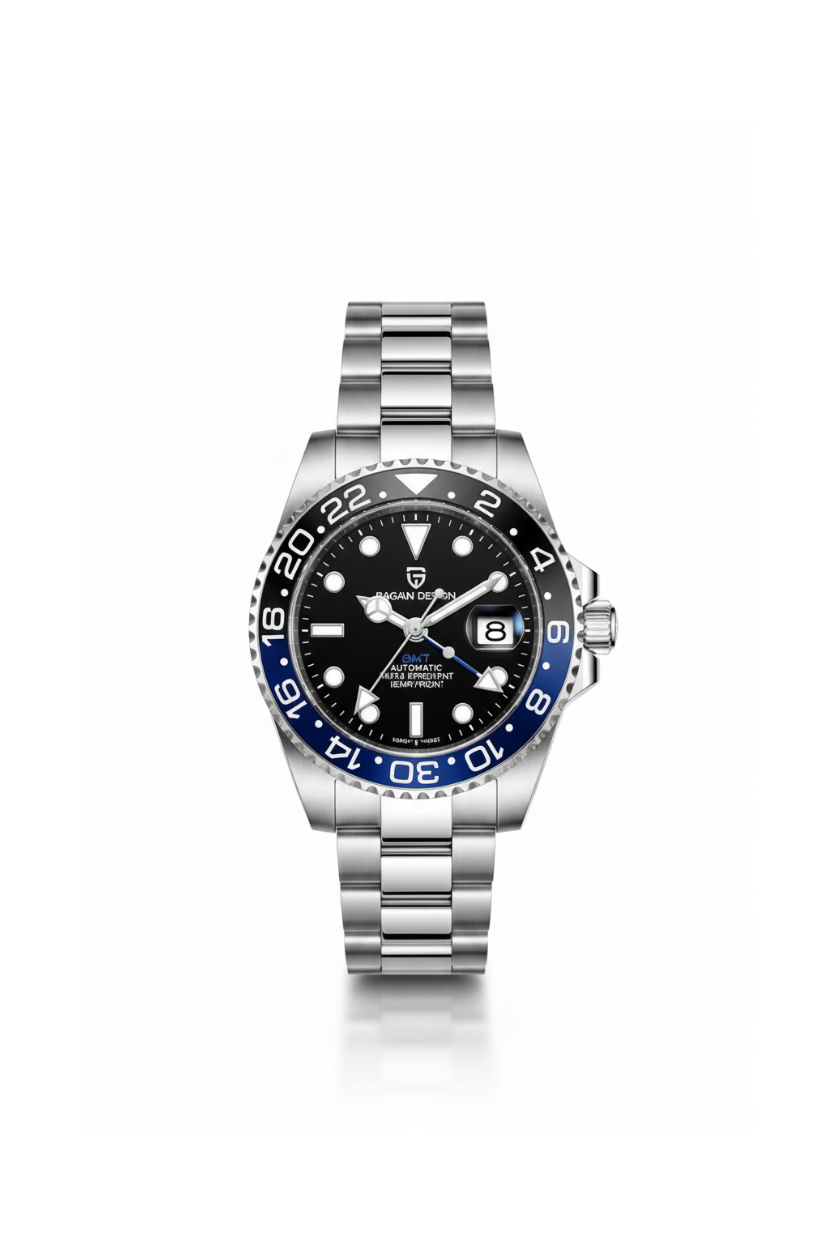 PAGANI DESIGN PD-1662 GMT men's watch with black dial and blue black Batman bezel front view