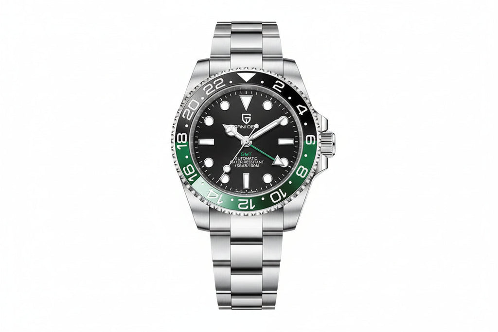 PAGANI DESIGN PD-1662 GMT watch with black dial green and black bezel and steel bracelet front