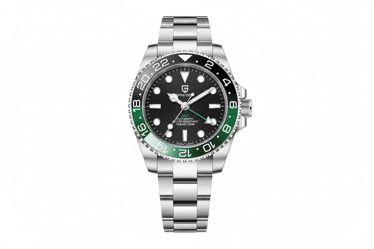 PAGANI DESIGN PD-1662 GMT watch with black dial green and black bezel and steel bracelet front