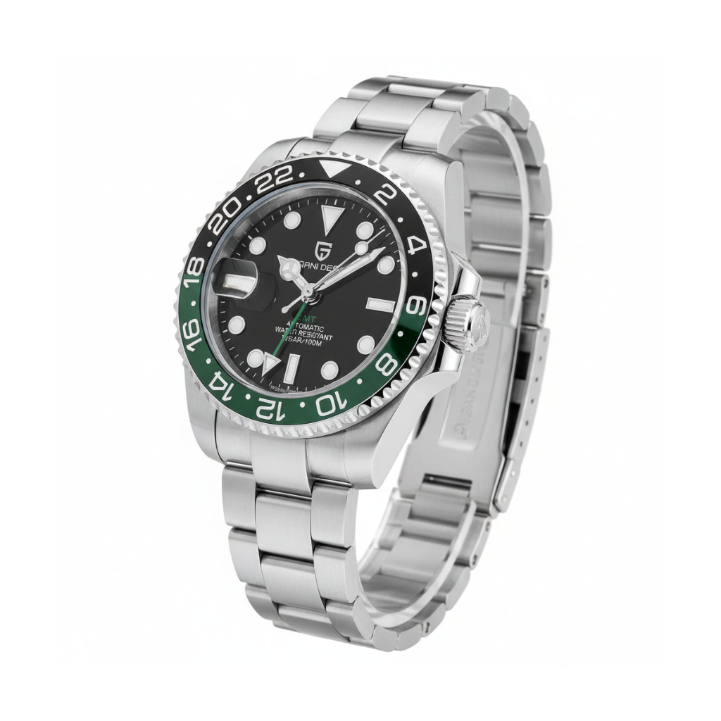 PAGANI DESIGN PD-1662 GMT watch with black dial green and black bezel angled side view thumbnail