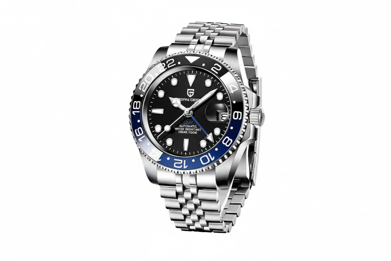 PAGANI DESIGN PD-1662 GMT watch with black dial blue and black Batman bezel jubilee side view