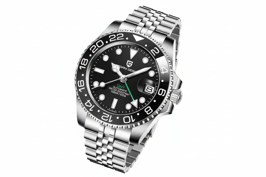 PAGANI DESIGN PD-1662 GMT men's watch with black dial and black bezel on jubilee bracelet angled view