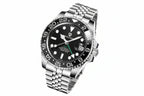 PAGANI DESIGN PD-1662 GMT men's watch with black dial and black bezel on jubilee bracelet angled view