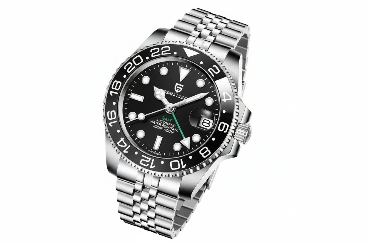 PAGANI DESIGN PD-1662 GMT men's watch with black dial and black bezel on jubilee bracelet angled view
