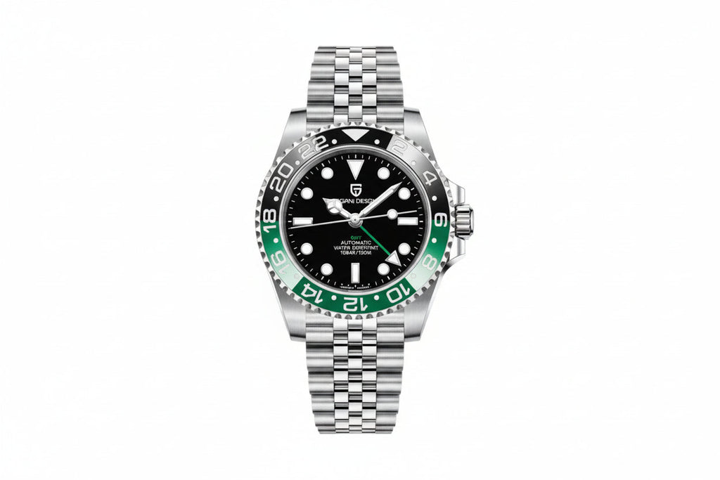 PAGANI DESIGN PD-1662 GMT men's watch with black dial and green black Sprite bezel jubilee bracelet front view