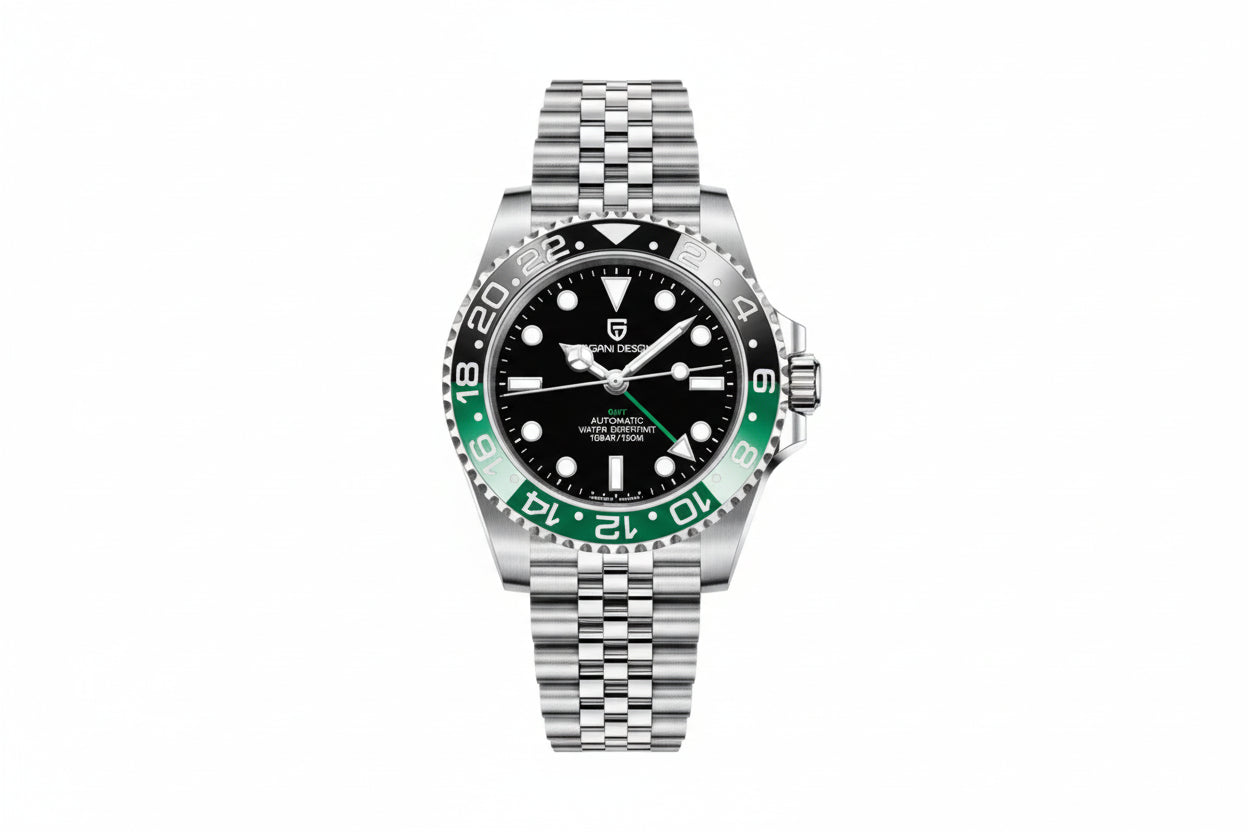 PAGANI DESIGN PD-1662 GMT men's watch with black dial and green black Sprite bezel jubilee bracelet front view