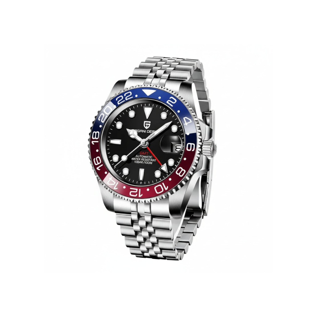 PAGANI DESIGN PD-1662 GMT watch with black dial blue and red Pepsi bezel jubilee bracelet front