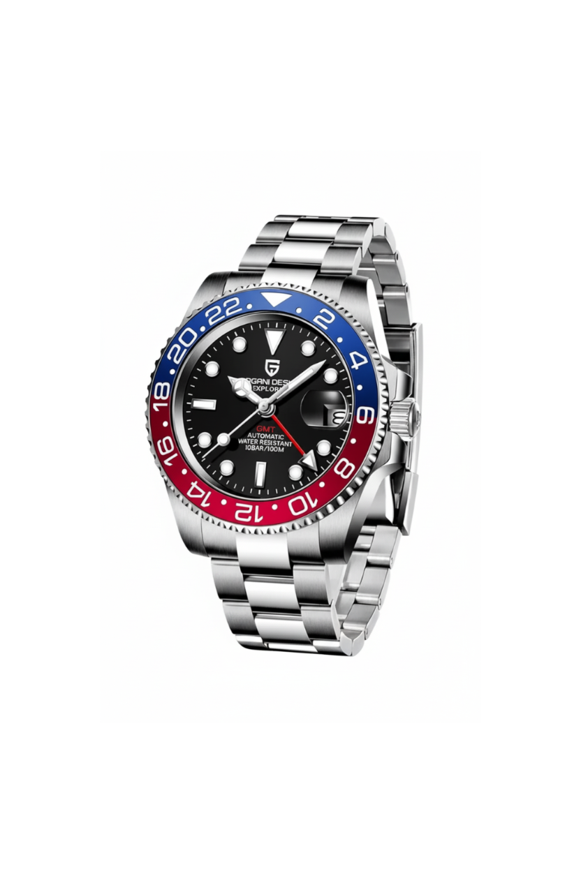 PAGANI DESIGN PD-1662 GMT men's watch with black dial and red blue Pepsi bezel angled side view