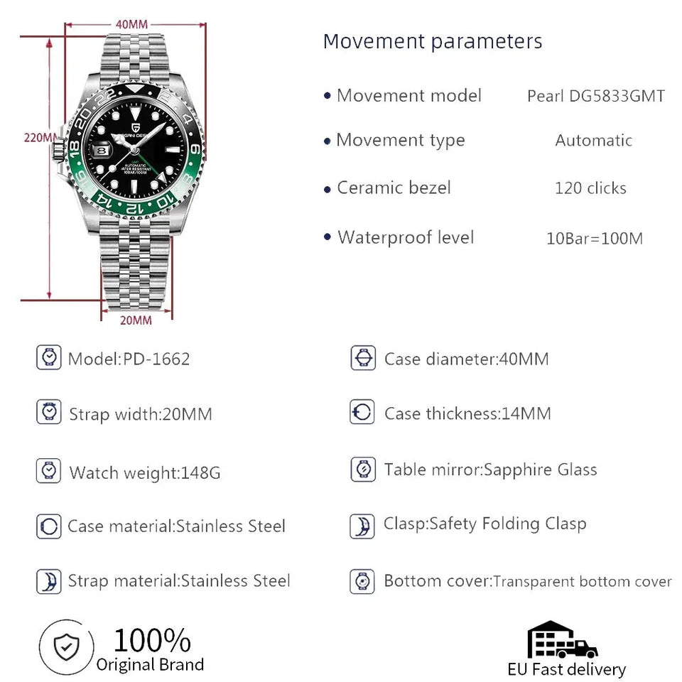 PAGANI DESIGN PD-1662 GMT men's watch specifications graphic showing 40mm case dimensions and movement details