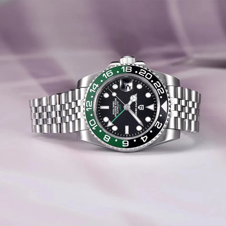 PAGANI DESIGN PD-1662 GMT men's watch with black dial green black bezel jubilee bracelet detail on purple satin