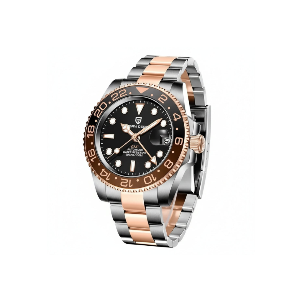 PAGANI DESIGN PD-1662 GMT watch with black dial brown bezel two-tone rose gold case angled view