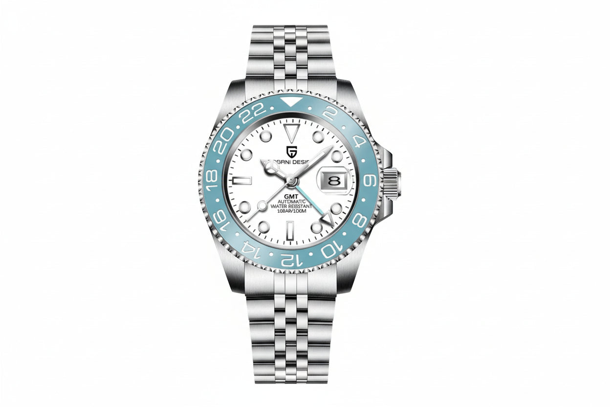 PAGANI DESIGN PD-1662A GMT men's watch with white dial and tiffany blue bezel jubilee bracelet front view