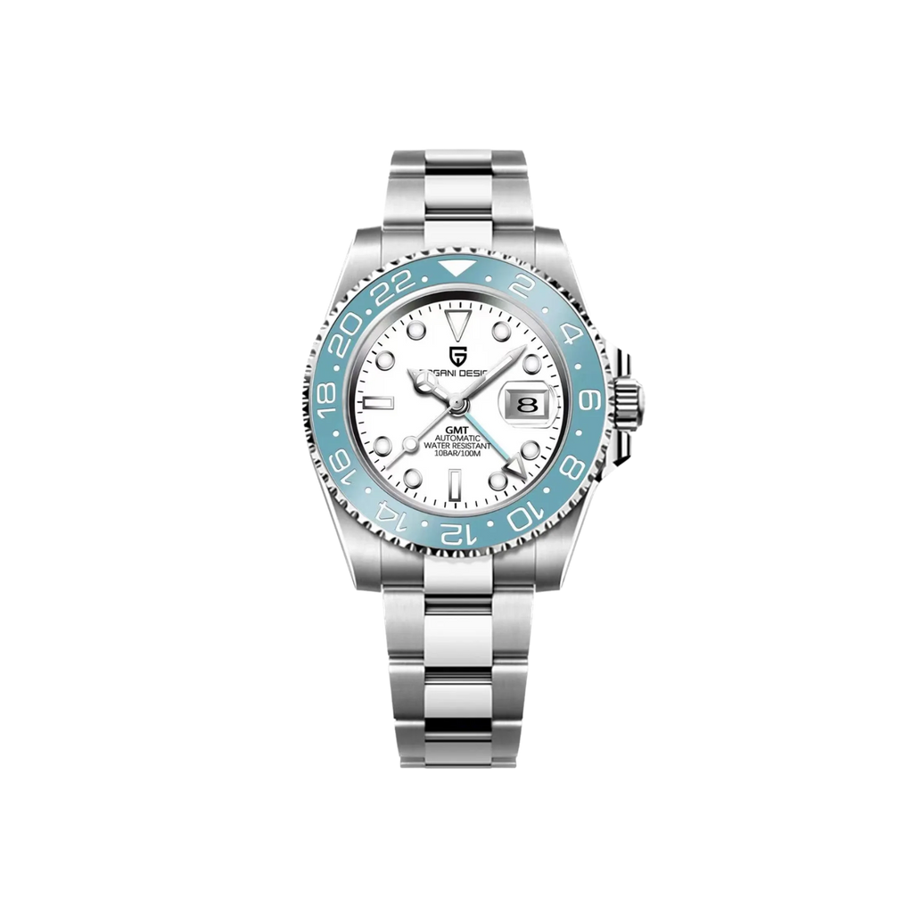 PAGANI DESIGN PD-1662A GMT men's watch with white dial tiffany blue bezel branded front view