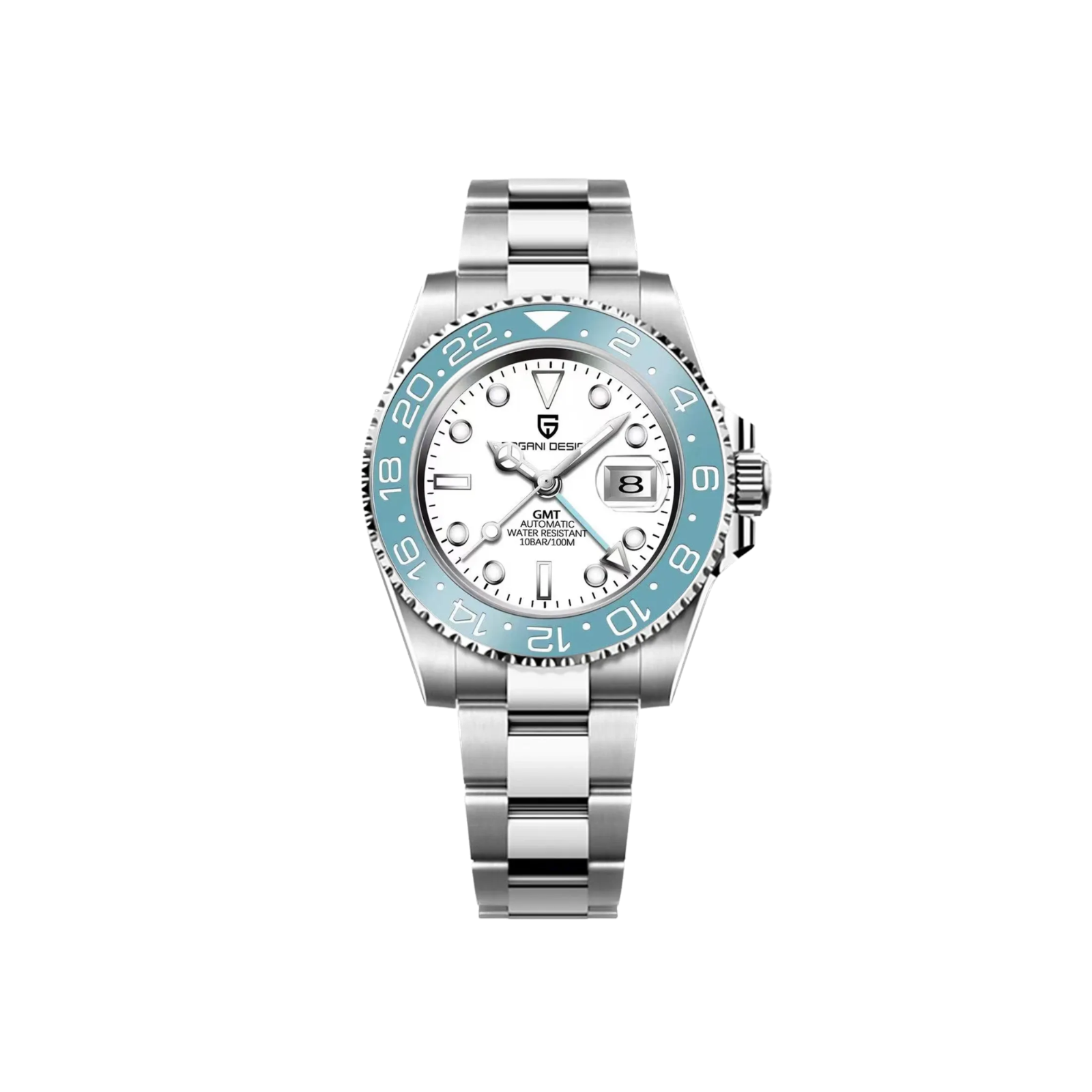 PAGANI DESIGN PD-1662A GMT men's watch with white dial tiffany blue bezel branded front view