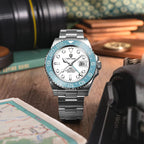 PAGANI Design PD-1662A GMT watch with white dial light blue bezel and steel bracelet