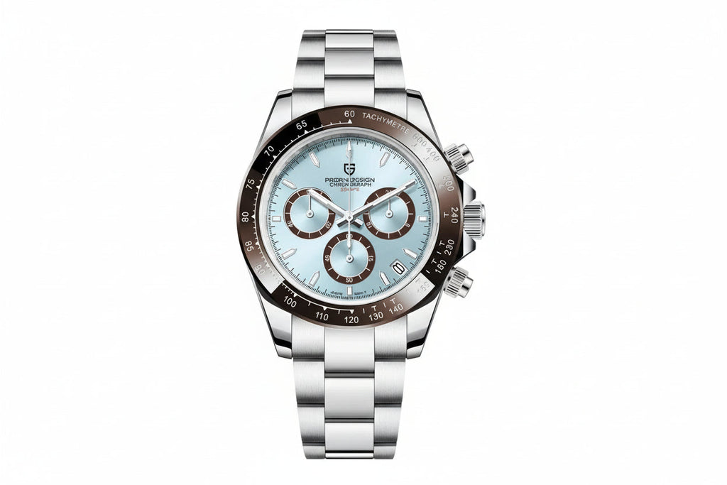 PAGANI DESIGN PD-1664 chronograph watch with ice blue dial brown subdials and brown bezel front view