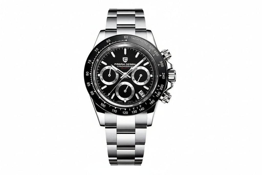 PAGANI DESIGN PD-1664 chronograph watch with black dial reverse panda subdials and black bezel front view